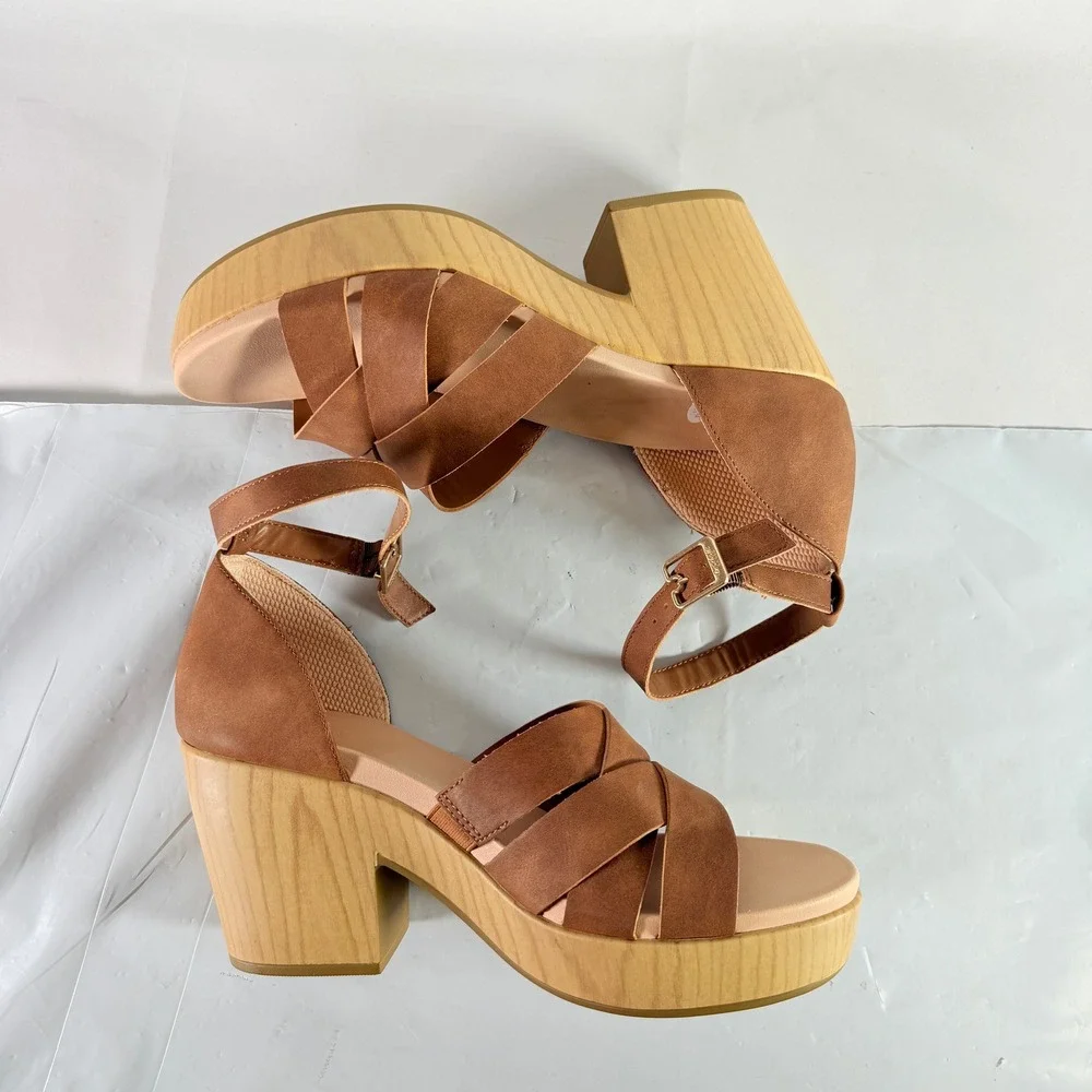 Dr. Scholl's Blissful Platform Heeled Sandal Brown Faux Leather Womens 9.5M